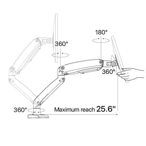 A diagram showing a monitor arm with adjustable joints, demonstrating how to adjust the arm for optimal positioning.