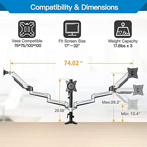 HUANUO HNTS3S Triple Monitor Stand: Three 17 to 32 Inch Screens