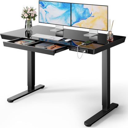 Glass Standing Desk with Drawer