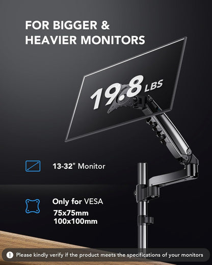 HUANUO monitor mount details for 13-32 inch screens, max weight 19.8 lbs.