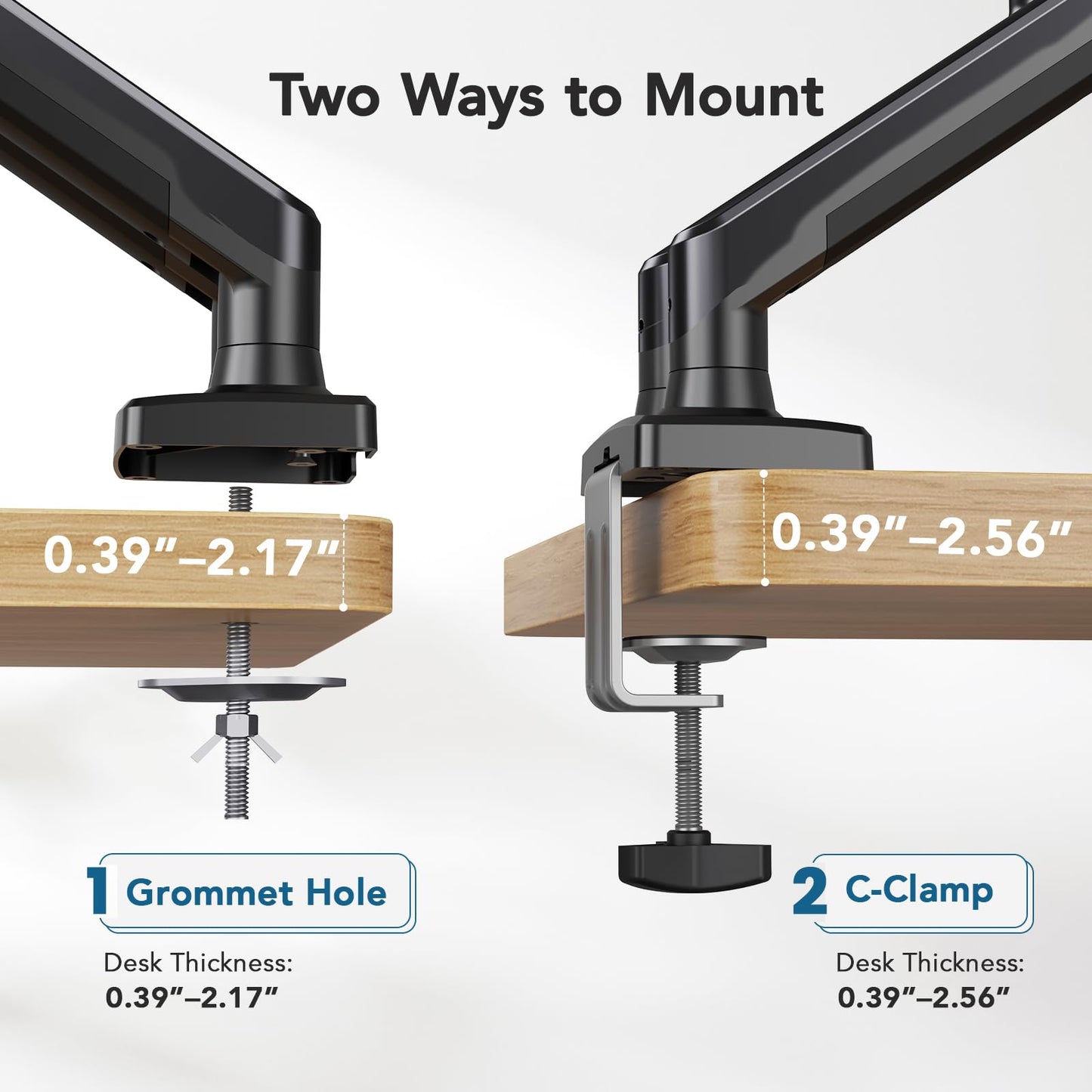 Mounting options for HUANUO dual monitor mount: grommet hole and C-clamp.