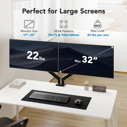 HUANUO dual monitor mount displaying 32" screens, supporting 22 lbs per arm.