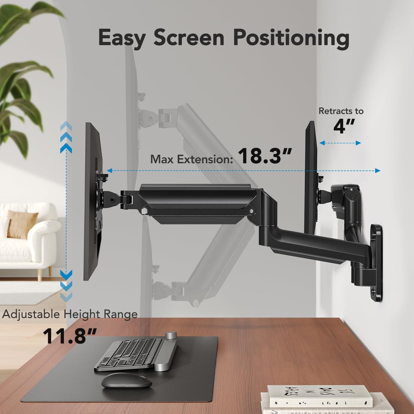 Dual Monitor Wall Mount up to 32 inch Screens, Wall Monitor Mount with Gas Spring System, Height Adjustable Tilt, Swivel, Rotate, Dual Monitor Mount Holds 17.6 lbs, VESA 75 or 100mm