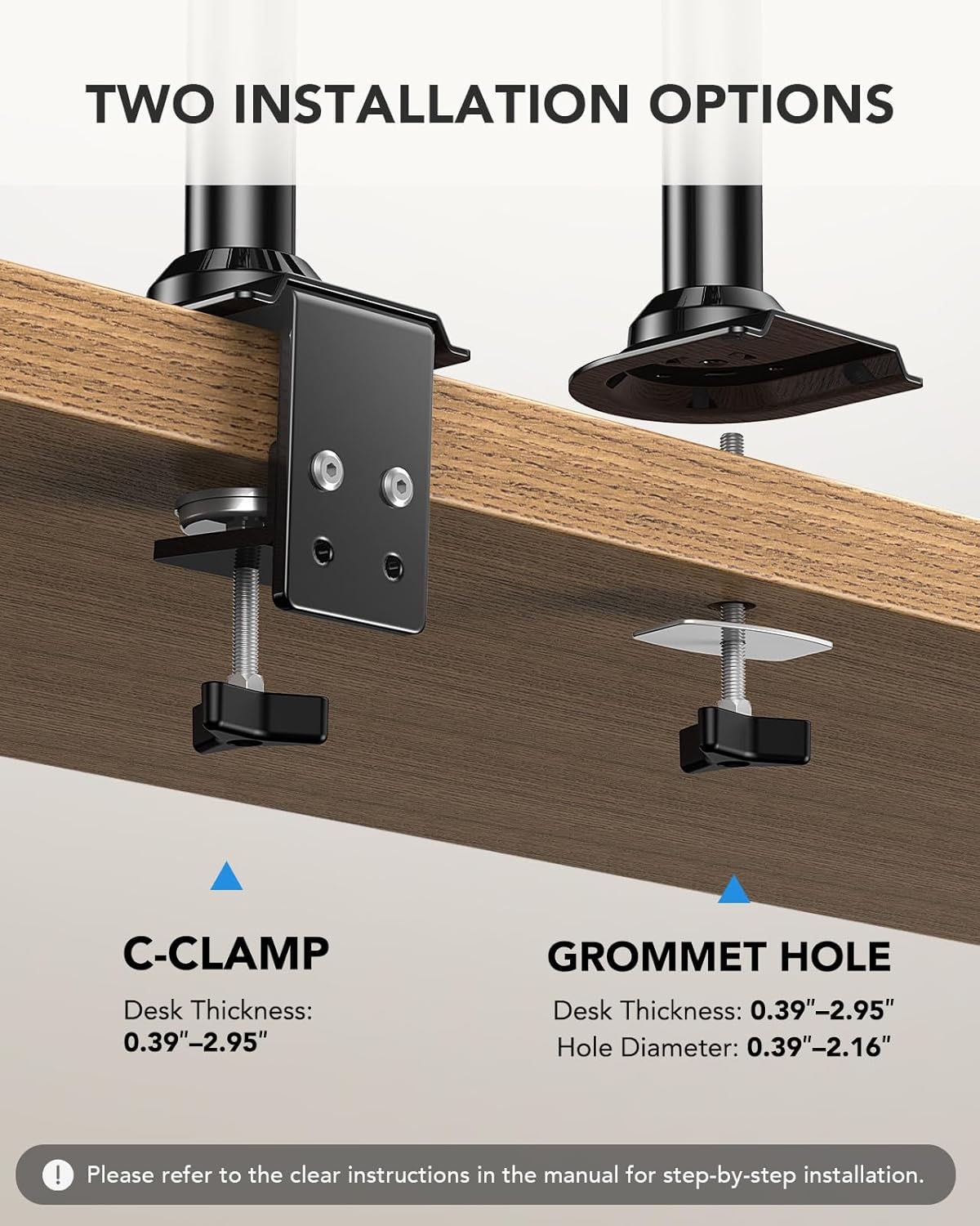 C-clamp and grommet hole installation options for HUANUO monitor mount