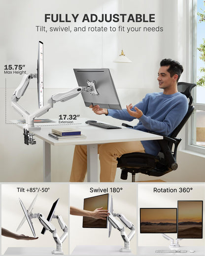 Dual Monitor Stand for 13-30 Inch Screens with Gas Spring Ergonomics-white- HUANUO