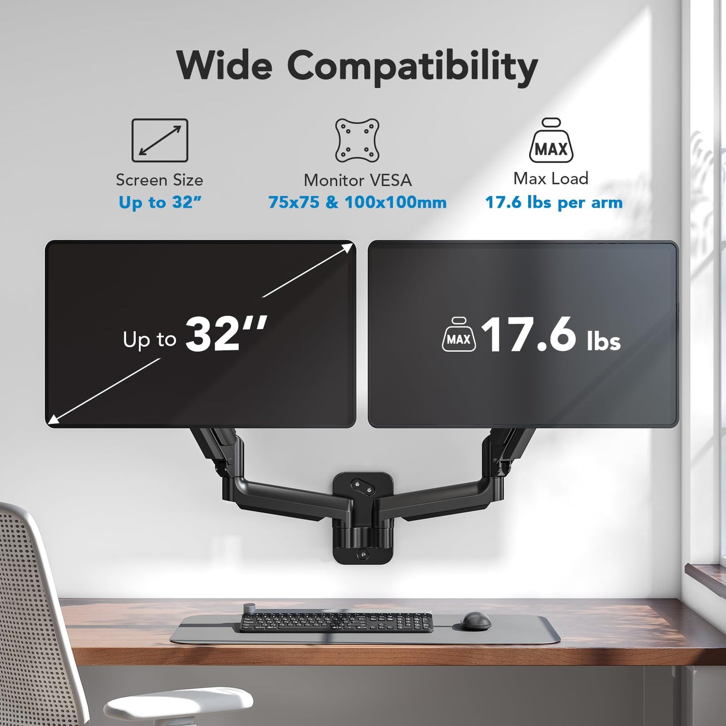 Dual Monitor Wall Mount up to 32 inch Screens, Wall Monitor Mount with Gas Spring System, Height Adjustable Tilt, Swivel, Rotate, Dual Monitor Mount Holds 17.6 lbs, VESA 75 or 100mm