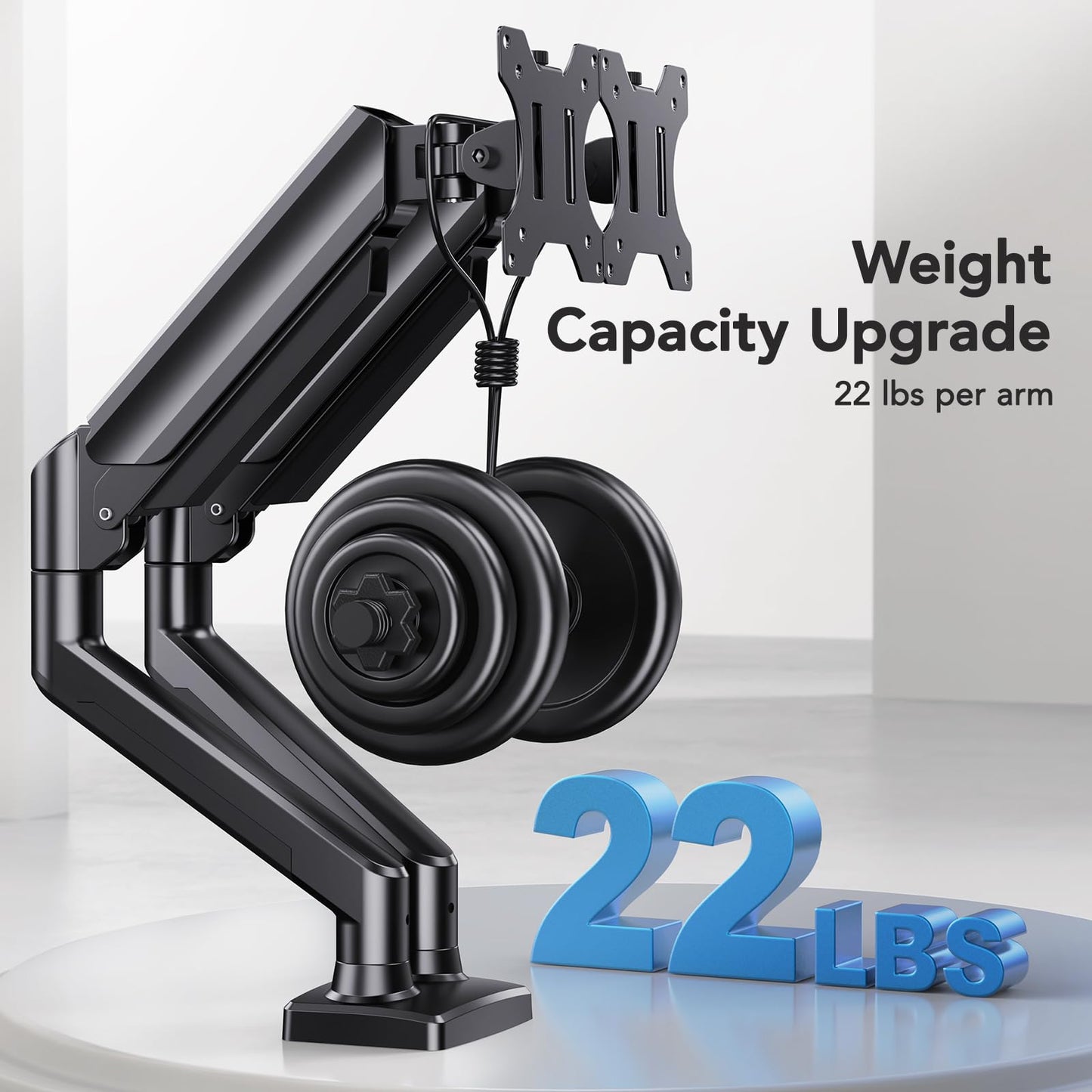 HUANUO dual monitor mount with 22 lbs weight capacity per arm for stable support.