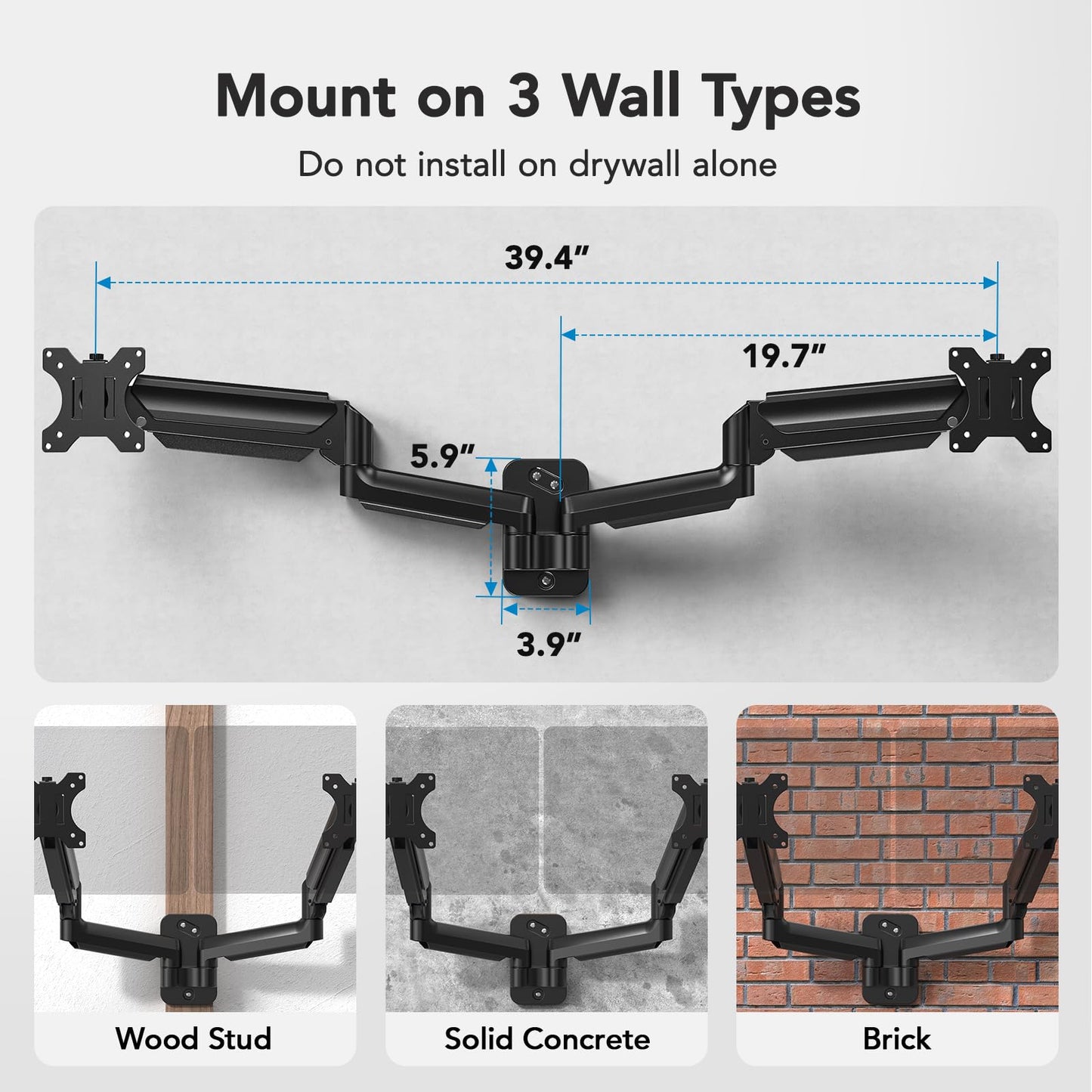 HUANUO Dual Monitor Wall Mount up to 32 inch Screens, Wall Monitor Mount with Gas Spring System, Height Adjustable Tilt, Swivel, Rotate, Dual Monitor Mount Holds 17.6 lbs, VESA 75 or 100mm