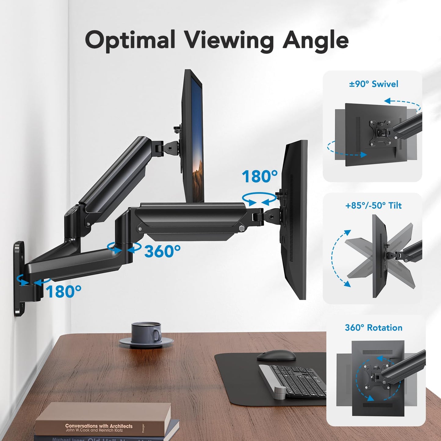 HUANUO Dual Monitor Wall Mount up to 32 inch Screens, Wall Monitor Mount with Gas Spring System, Height Adjustable Tilt, Swivel, Rotate, Dual Monitor Mount Holds 17.6 lbs, VESA 75 or 100mm