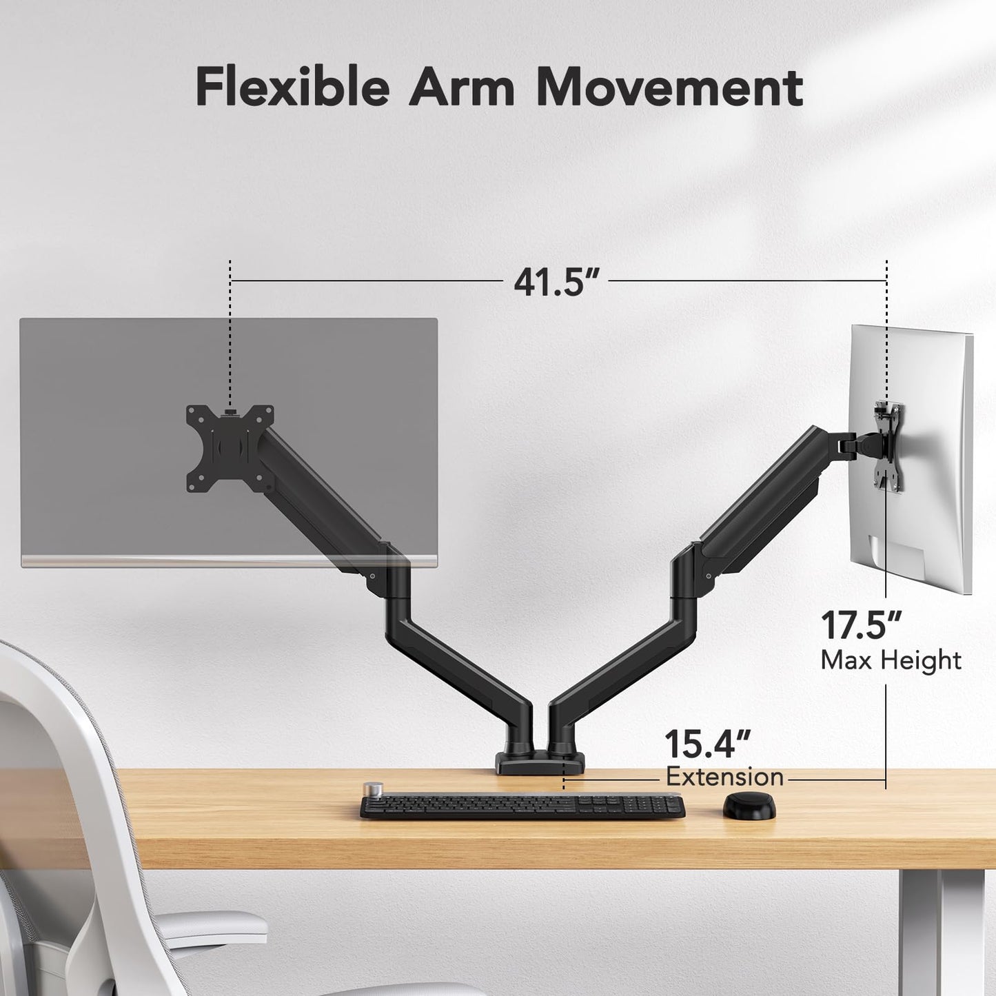 Flexible arm movement for HUANUO dual monitor mount with 17.5" max height and 15.4" extension.