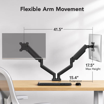 Flexible arm movement for HUANUO dual monitor mount with 17.5" max height and 15.4" extension.