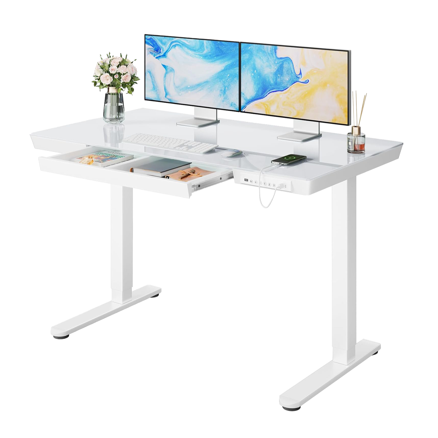 Glass Standing Desk with Drawer