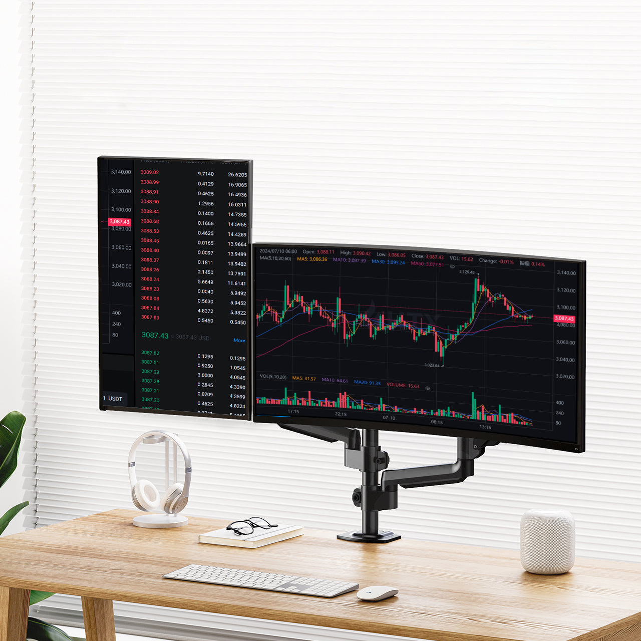 Dual monitor setup on HUANUO mount showing financial data with adjustable arms.