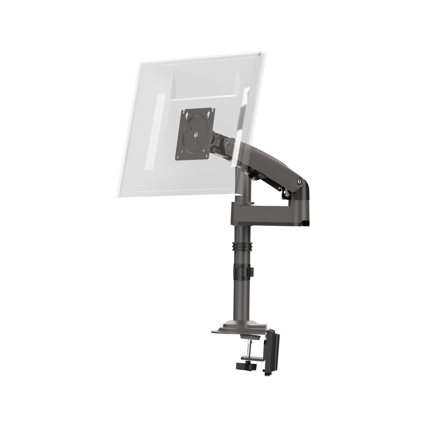 HUANUO single monitor mount showing adjustable arm and C-clamp installation.