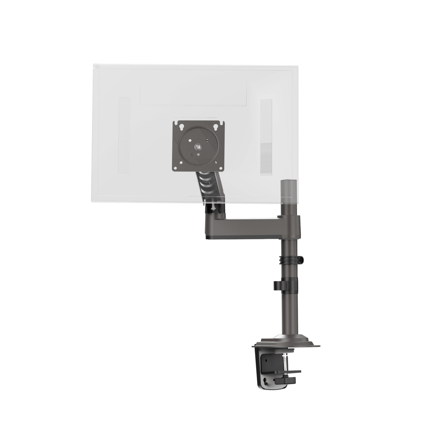 HUANUO single monitor mount showing adjustable arm and C-clamp installation.