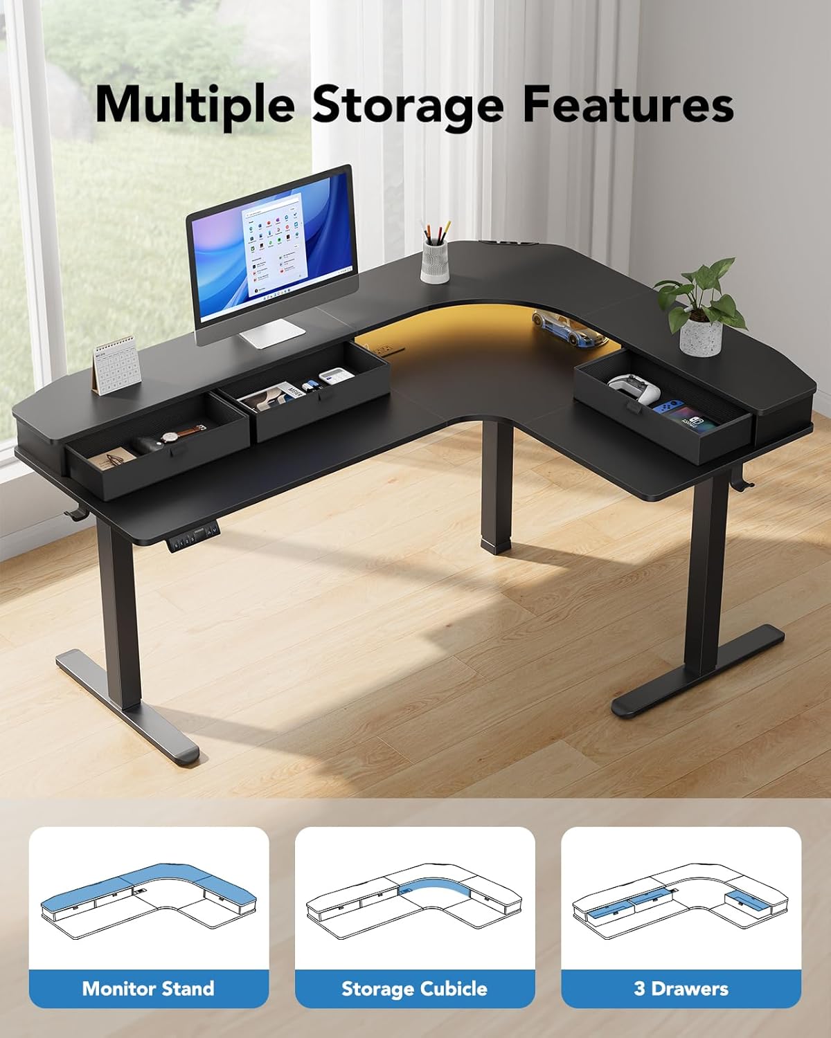 Large L-Shaped Standing Desk with Storage